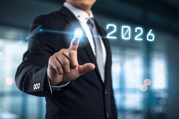 Concept of corporate transformation with finger touching progress bar toward 2026, reflecting marketing strategy, business planning, innovation trends, and digital leadership for the future. 