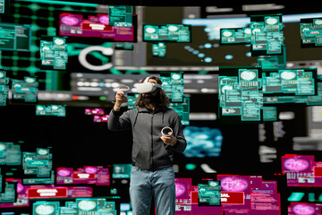 Hacker bypasses network security and engages in cyber crime with vr headset, programming code for...