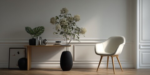 A modern and minimalistic home office space with a warm wooden floor, plants, a light source on the wall, and stylish furniture such as a contemporary chair.