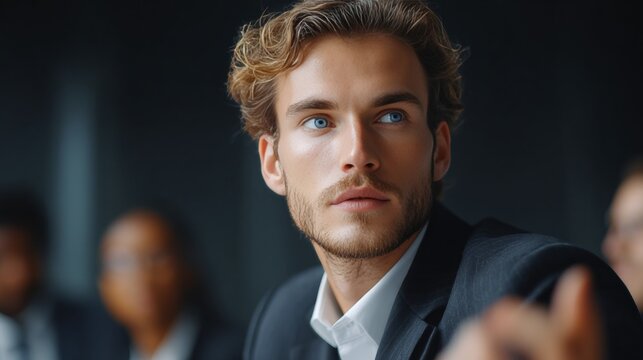 Man in a suit with blue eyes and beard looking intense.