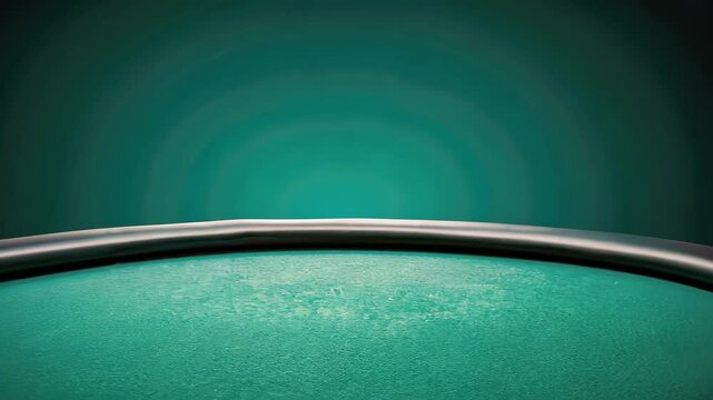 Poker Table in Green: A professional poker table is captured in a high angle perspective, showcasing its sleek surface, inviting strategic gameplay and anticipation.