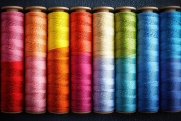 Colorful spools of thread in a row
