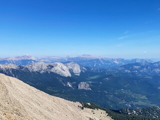 Panoramic view of the mountains from the peak of Tahtali. Olympos Teleferik, Tahtali 2365m, Kemer,...