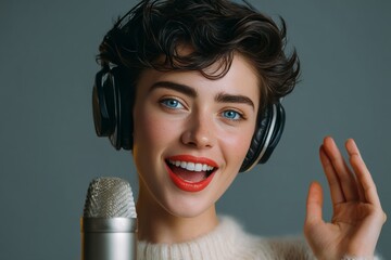 A young female singer in a studio, wearing headphones and holding a microphone. She has blue eyes and red lips, with styled hair. A confident expression as she sings into the microphone.