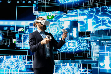 High tech expert uses vr glasses next to neural network AI brain system, using predictive analytics...