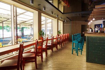 Modern restaurant or cafe interior. Public place interior design, bright red and blue wooden chairs, large windows and bar. Morning light, nobody indoors.