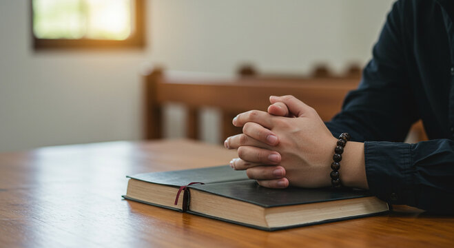 Person Praying with Hands Clasped Over a Bible on a Wooden Table