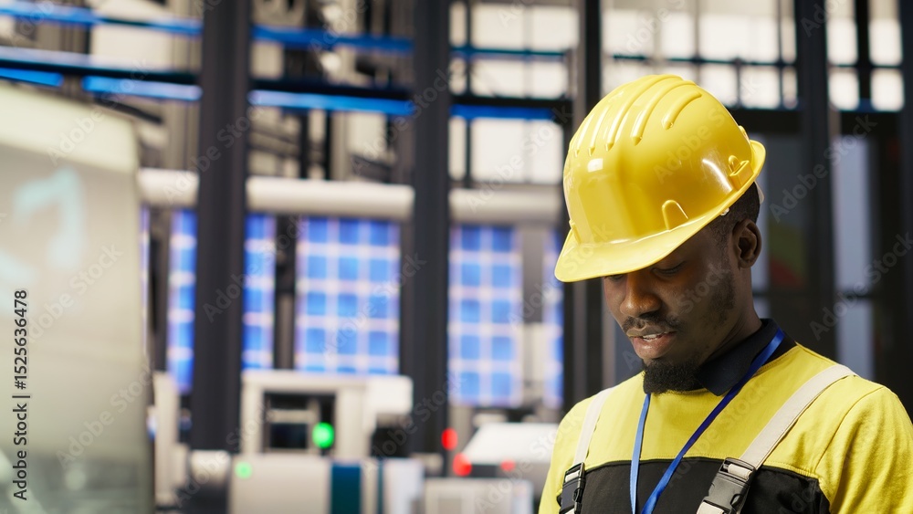 Aufkleber technician in industrial plant using tablet app to diagnose equipment errors. manufacturing factory 