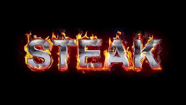 Steak - burning metal sign, letters with fire effect isolated on black background