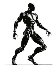 Black and white silhouette of a humanoid intelligent cyborg on a white isolated background. Vector graphics. EPS.