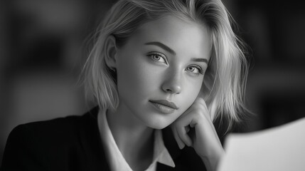 A young woman with short hair gazing contemplatively to her right. Photographed in a studio setting, possibly for fashion or portrait purposes.