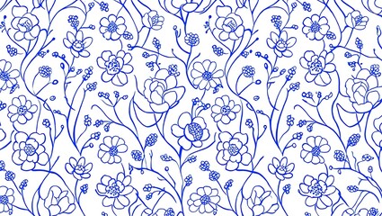 Fototapeta premium Elegant Blue Floral Pattern Seamless Botanical Illustration for Textile Design