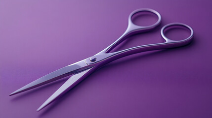 Precision cutting with sleek silver scissors poised on a rich purple canvas ready to tailor fashion and dreams detailed