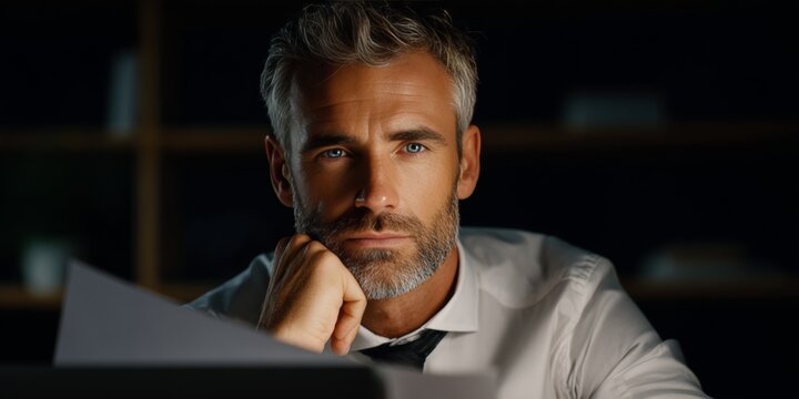 Businessman lost in thought reading documents by dim lighting