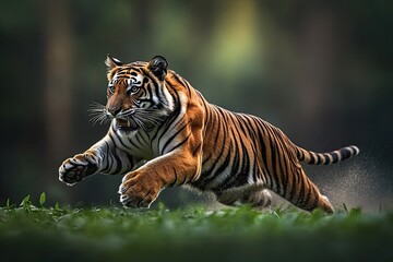 Fototapeta premium In its natural habitat, the Siberian tiger, or Panthera tigris altaica, also called the Amur tiger, can be seen running with a blue background