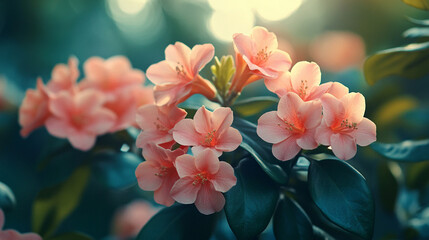 The ethereal glow of peach rhododendrons blooming in a mystical garden of tranquility with deep green foliage and soft