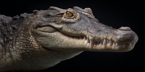 Fototapeta premium Close-up of an alligator with its mouth open, showcasing sharp teeth and a stern expression.
