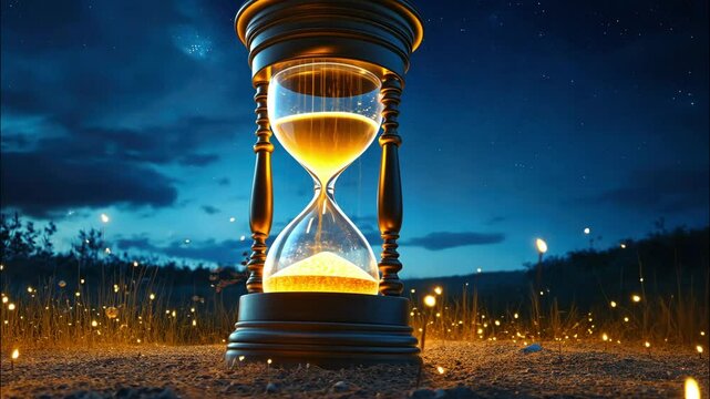 Elegant golden hourglass with glowing sand against deep blue backdrop. 