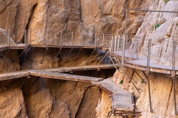 Dangerous Wood Walkway Famous Caminito Del Rey King's Little Path Trail Detail. Dramatic Steep Gorge Cliff Walls El Chorro Spain Malaga Province