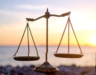 Balance scales at sunset over water