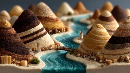 Miniature Landscape of Sand Dunes and Blue River with Figures, Tiny Bridge, and Sandstone Textures