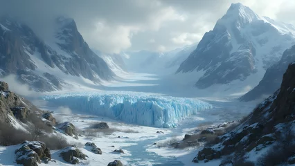 Fototapete Rund Glacier movement over rugged terrain. The slow creep of glaciers explained. Understanding glacier flow and erosion. How glaciers reshape landscapes. © domi002