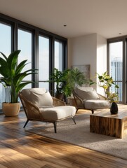 Lounge area, contemporary furniture, sunlit space, wooden floor, plants, high ceiling, window views, relaxing atmosphere.