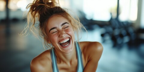 A young woman with a ponytail laughing and smiling while working out in the gym, enjoying her time at the fitness center.