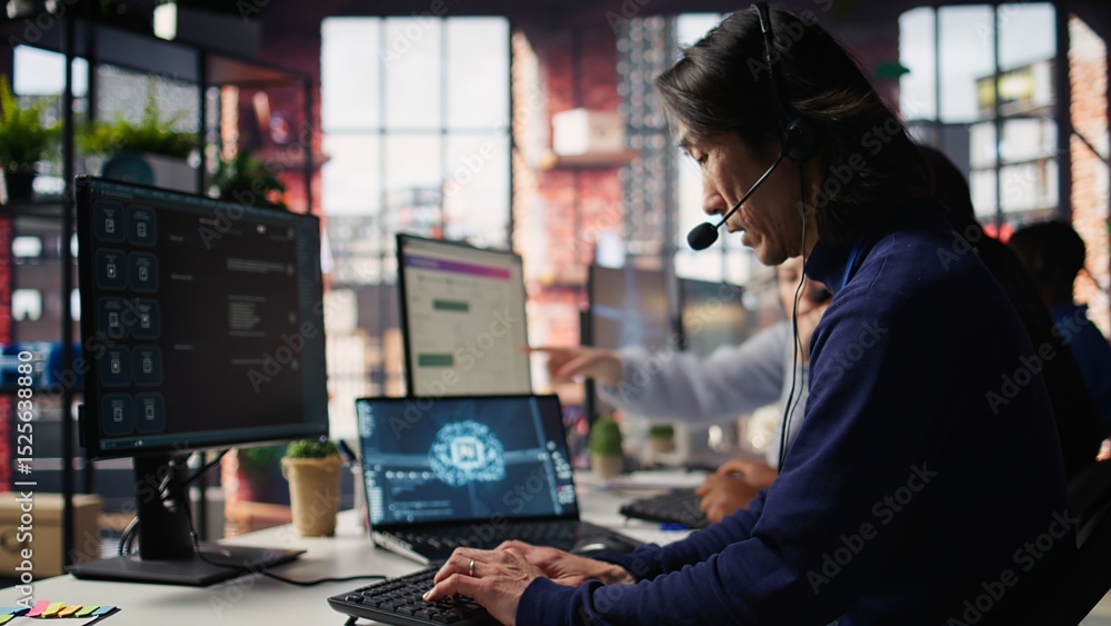 Poster call center worker arriving at work, using artificial intelligence on laptop to enhance customer int