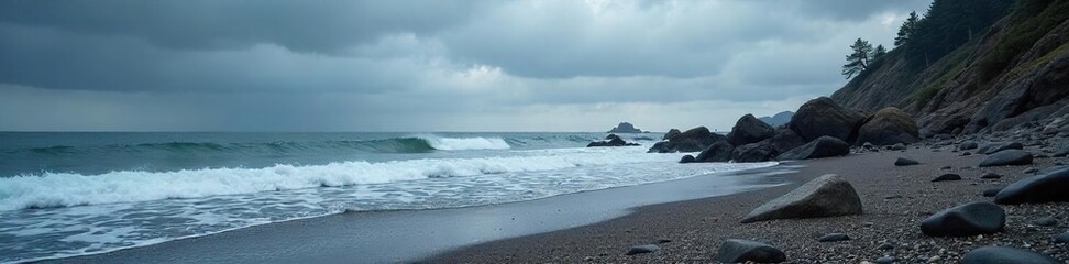 Fototapeta premium A moody, overcast sky hangs low over a rocky, grey shore, waves gently lapping at the stones The scene evokes a sense of quiet solitude and coastal mystery , coastal scene, detail, solitude