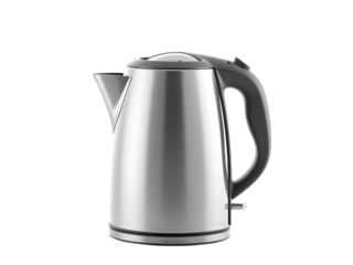 Modern electric kettle made of metal, clean white background, soft studio lighting,object,kitchen,boil