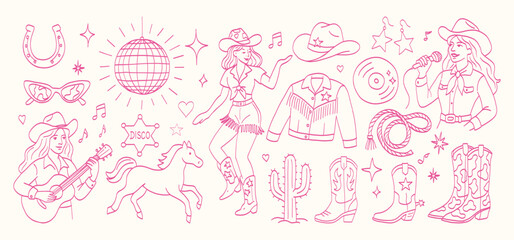 Pink disco cowgirl set. A woman is playing a guitar and a horse is standing next to her. There are other people and objects in the background, such as a microphone and a cowboy hat