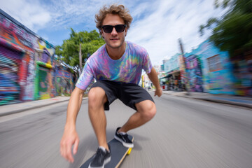 Dynamic action shot of a young man skateboarding on a street with colorful graffiti