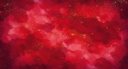 Abstract Watercolor Background in Shades of Red with Golden Sparkles and Texture