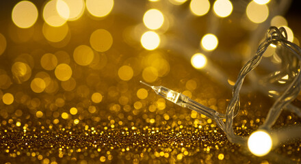 Golden bokeh background with fairy lights and glitter for festive celebrations