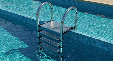 Swimming pool with ladder, blue water, and tiles reflecting the summer sunlight