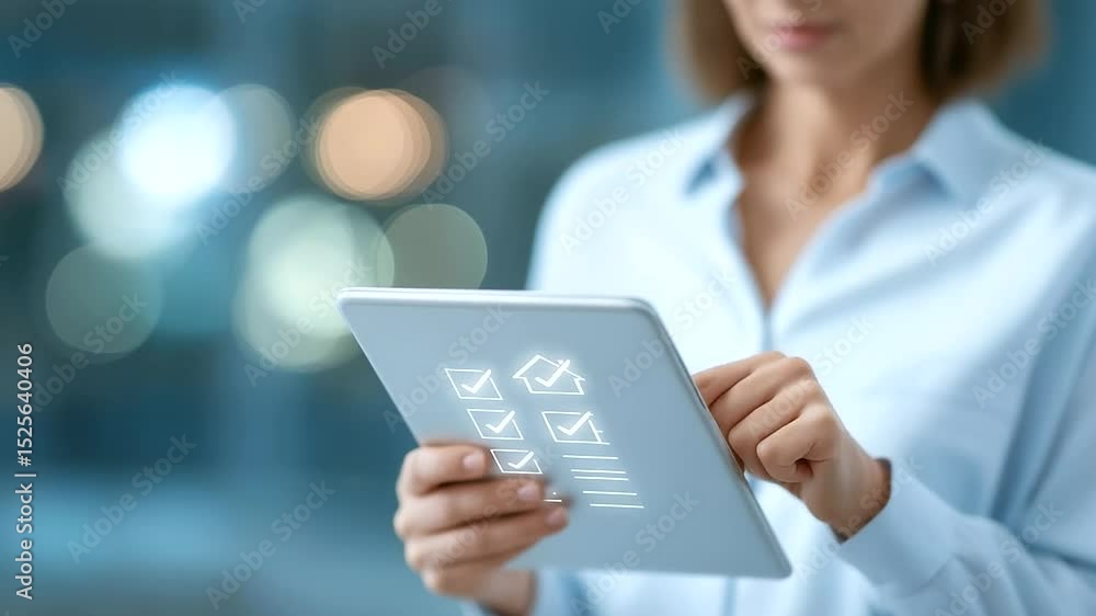 Aufkleber office setting showcasing a real estate professional using a digital tool for property evaluation.