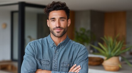 Handsome young male in jeans and a button-up shirt, with short hair and beard.