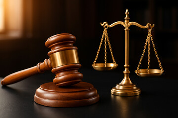 Legal concept image with judge’s gavel and justice scales in warm lighting, representing fairness, verdict, and judicial responsibility. 