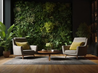 Modern interior decor with greenery backdrop.