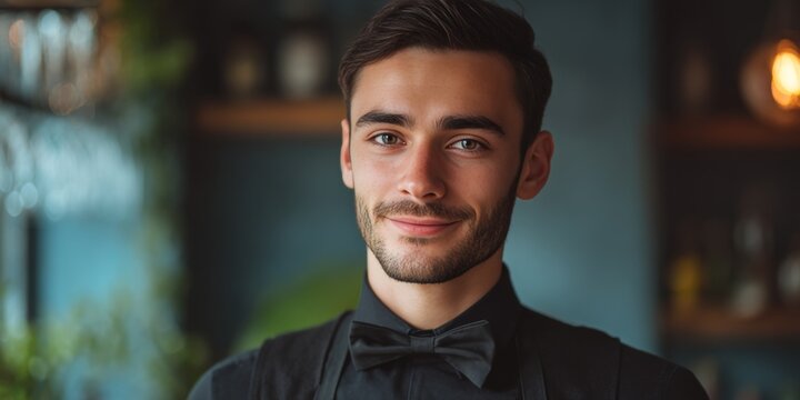 Young man in a bar wearing black and white, smiling warmly at the camera.