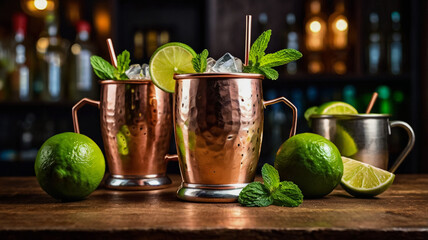 Four refreshing mojito cocktails garnished with lime and mint leaves, served in glasses with ice against a dark backdrop.