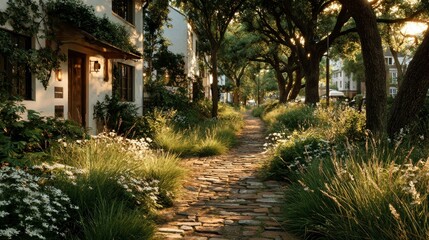 Charming Cobblestone Pathway Through Lush Gardens and Serene Neighborhoods