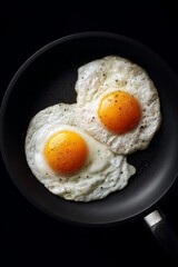Two fried eggs in a pan with yolk runny on top.