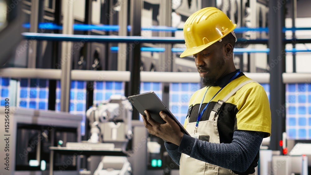 Poster smart factory repairman using tablet to analyze iot sensors data before upgrading assembly lines. in