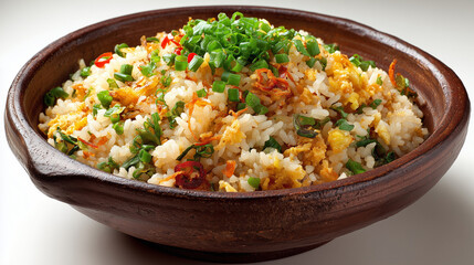 simple konjac's fried rice in a brown bowl. white background