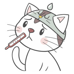 Illustrated Sick Cat with Cold and Thermometer on Head. Perfect for: World Veterinary Day, pet health awareness, cold season promotions