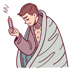 Fototapeta premium Illustrated Sick Man with Flu Symptoms Wrapped in Blanket. Perfect for: International Flu Awareness Week, health blogs, clinics