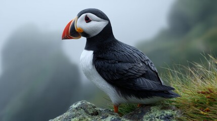 A puffin perched on a rock amidst mist with rolling hills and mountains in the background.