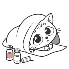 Sick Kitten Wrapped in Blanket with Medicine. Perfect for: World Veterinary Day, pet health products